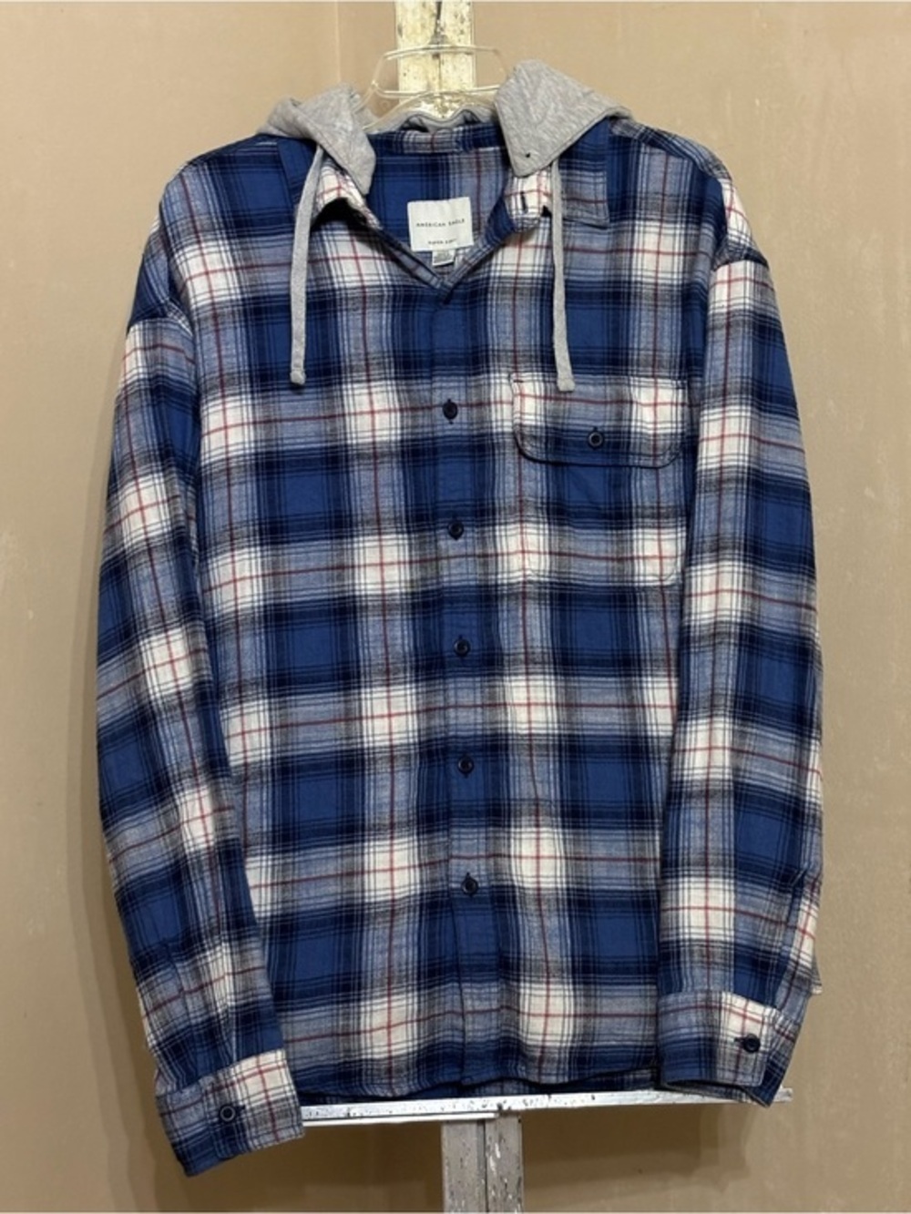 American Eagle Super Soft Blue Plaid Hooded Flannel Shirt Jacket Sz L